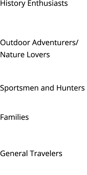 History Enthusiasts Outdoor Adventurers/Nature Lovers Sportsmen and Hunters Families General Travelers