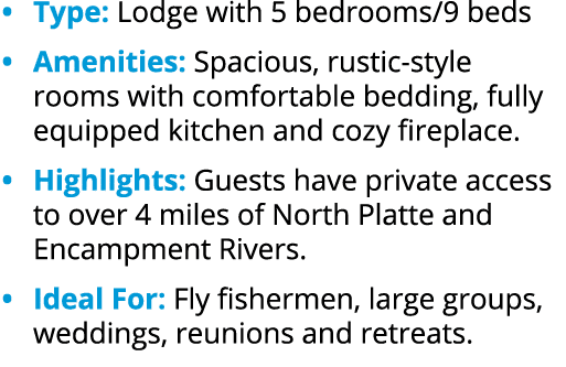 • Type: Lodge with 5 bedrooms/9 beds • Amenities: Spacious, rustic style rooms with comfortable bedding, fully equipp...