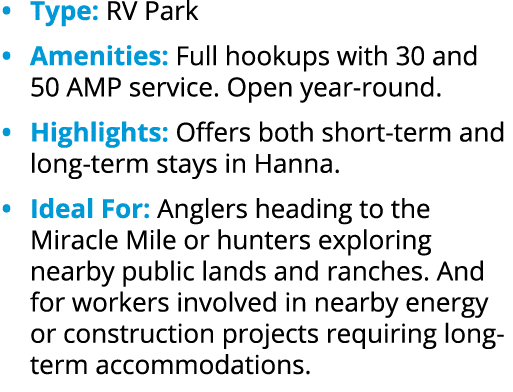 • Type: RV Park • Amenities: Full hookups with 30 and 50 AMP service. Open year round. • Highlights: Offers both shor...