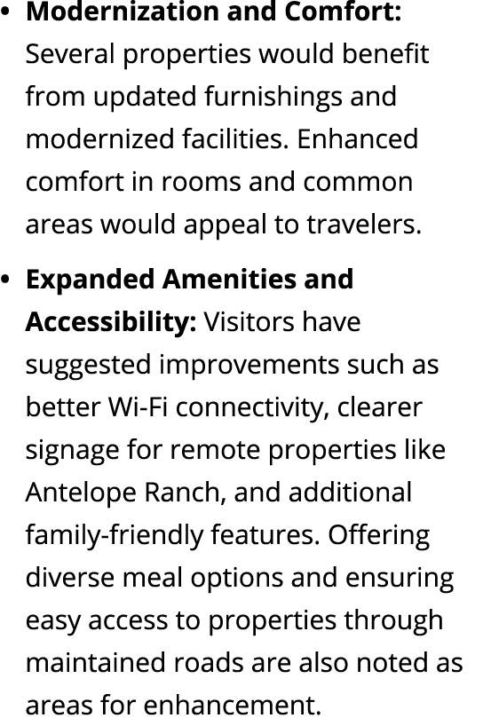 • Modernization and Comfort: Several properties would benefit from updated furnishings and modernized facilities. Enh...