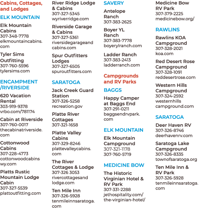 Cabins, Cottages, and Lodges Elk Mountain Elk Mountain Cabins 307 348 7778 elkmountaincabins.com Tyler Sims Outfittin...