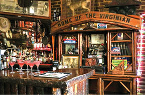 A bar with a wooden counter and a sign that says “Home of the Virginian." AI generated content
