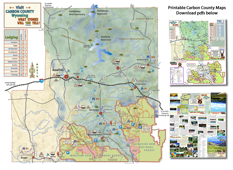 Carbon County Wyoming map featuring Saratoga, Rawlins, Riverside, Medicine Bow, Encampment, Dixon, Baggs, Hanna